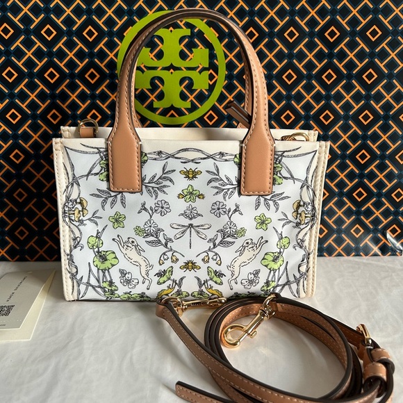 Tory Burch Ella Printed Nylon Mini Tote Bag Crossbody Meadow Gold Green Cream - Picture 2 of 9